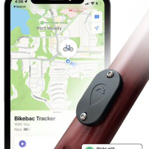 A Bikebac Tracker device attached to a bicycle frame with a smartphone showing the bike's location on a map.