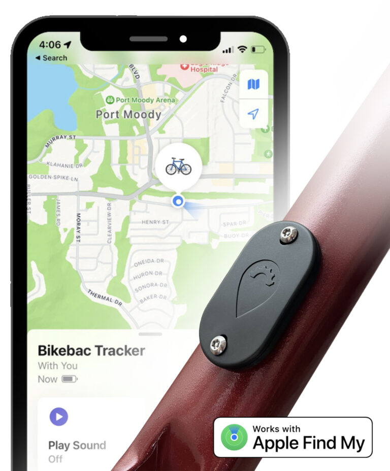 A Bikebac Tracker device attached to a bicycle frame with a smartphone showing the bike's location on a map.